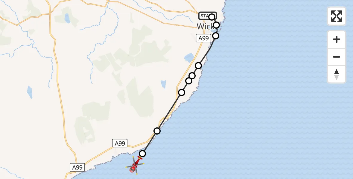 Flight path map showing Air Ambulance Helicopter route from Wick John O'Groats Airport to North Sea