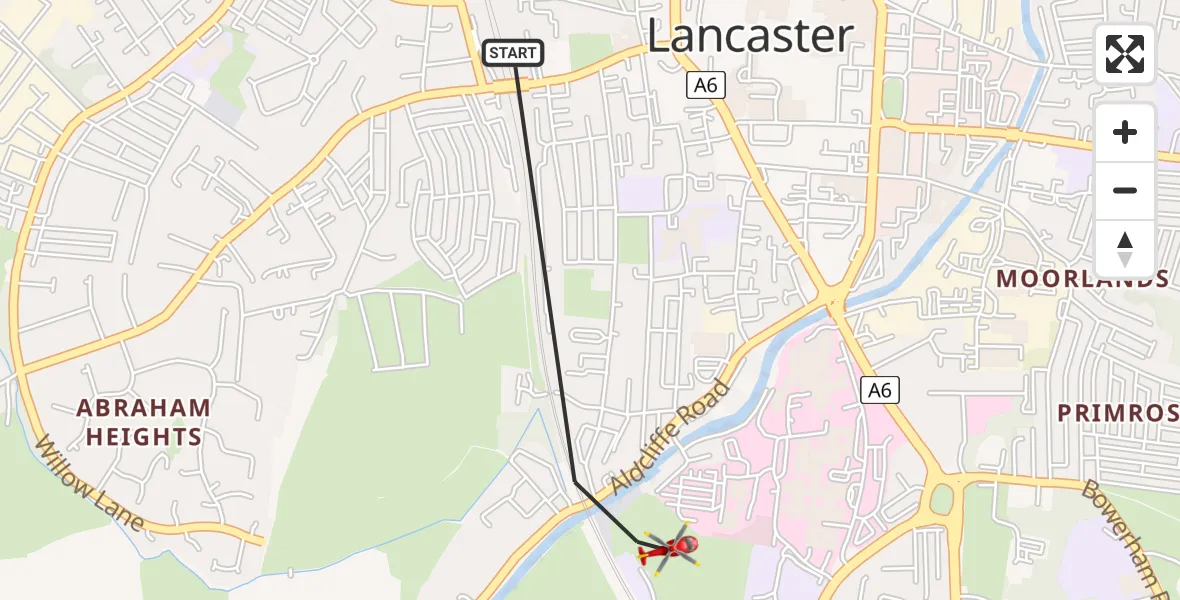 Flight path map showing Air Ambulance Helicopter route from Aldcliffe to Aldcliffe