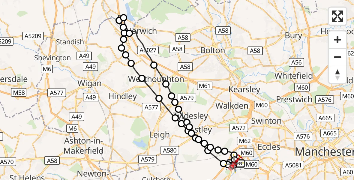 Flight path map showing Air Ambulance Helicopter route from Manchester Barton Aerodrome to Manchester Barton Aerodrome