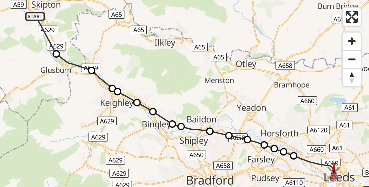 Flight path map showing Air Ambulance Helicopter route from Skipton to Leeds