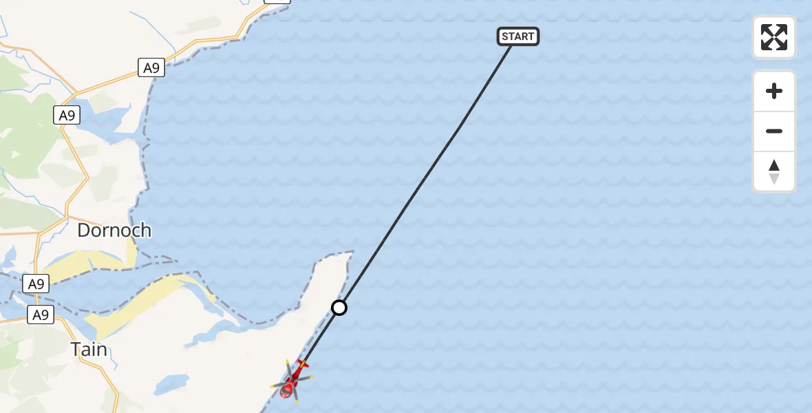 Flight path map showing Air Ambulance Helicopter route from North Sea to Portmahomack