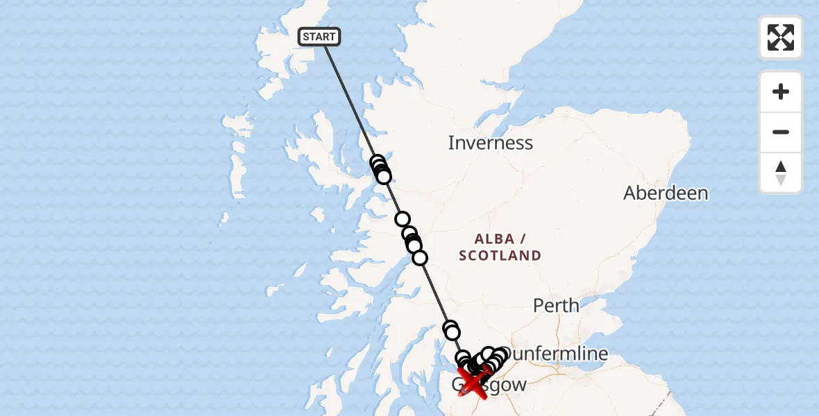 Flight path map showing Air Ambulance Aircraft route from Inner Seas to Glasgow Airport