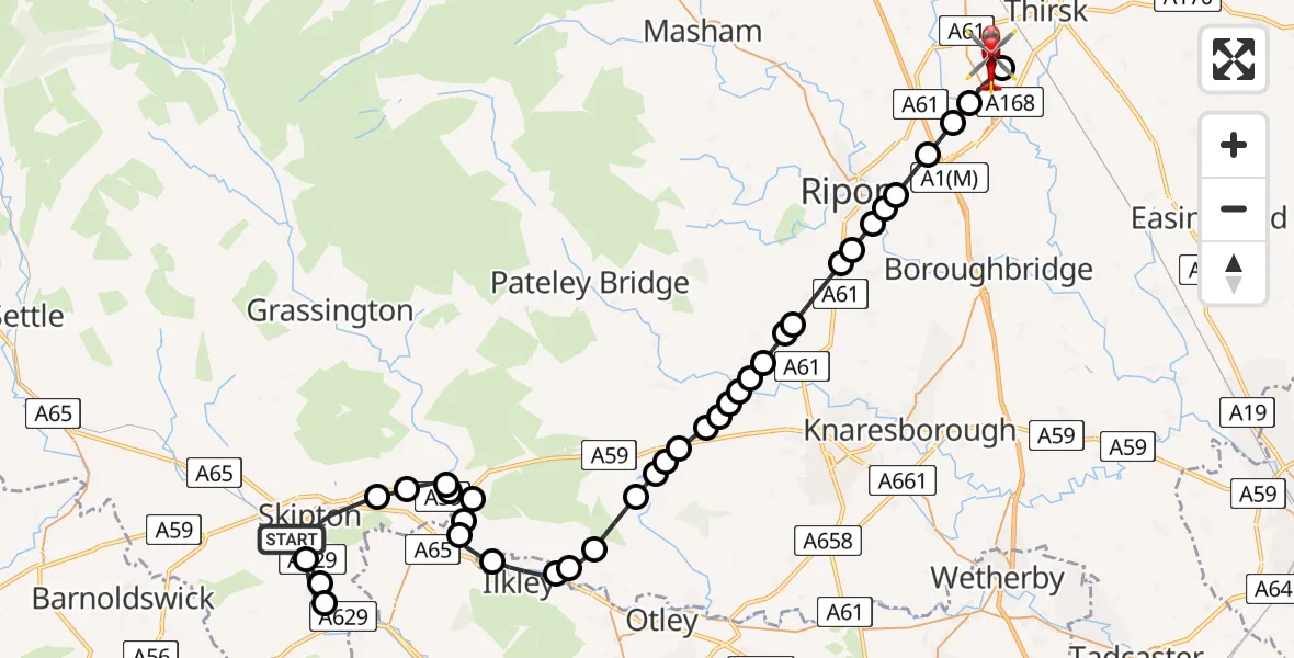 Flight path map showing Air Ambulance Helicopter route from Skipton to RAF Topcliffe