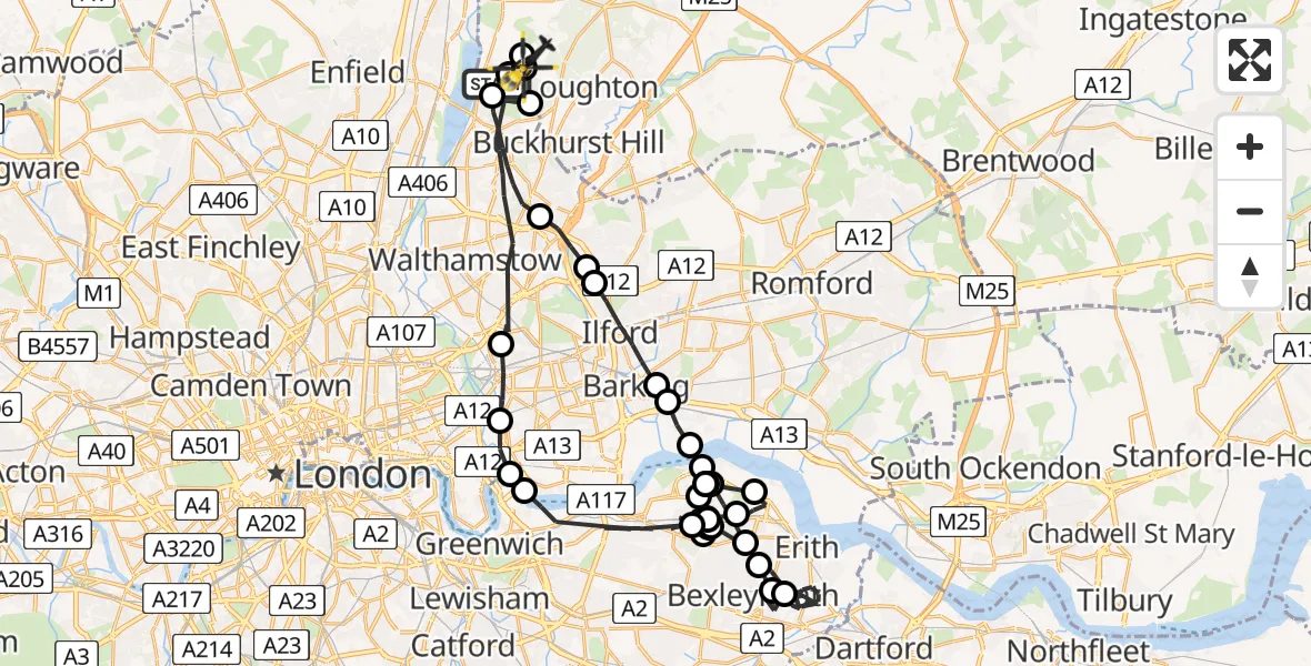 Flight path map showing Police Helicopter route from Greater London to Metropolitan Police Air Support Unit Lippitts Hill