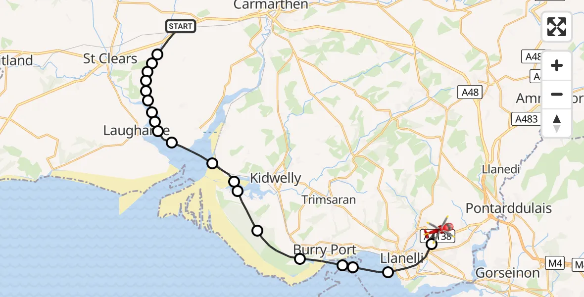 Flight path map showing Air Ambulance Helicopter route from Banc-y-felin to Dafen
