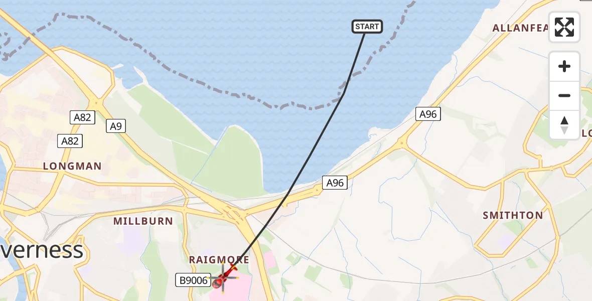 Flight path map showing Air Ambulance Helicopter route from Inverness to Inverness