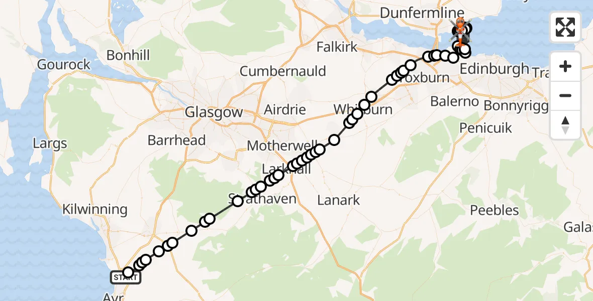 Flight path map showing Coastguard Helicopter route from Glasgow Prestwick Airport to North Sea