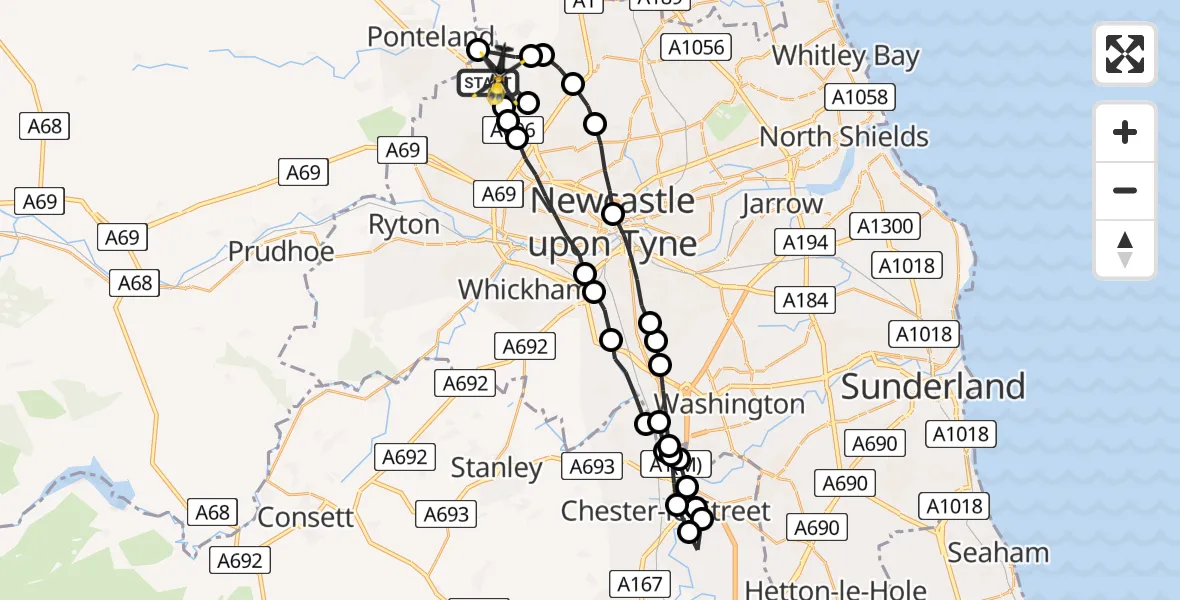 Flight path map showing Police Helicopter route from Newcastle International Airport to Newcastle International Airport