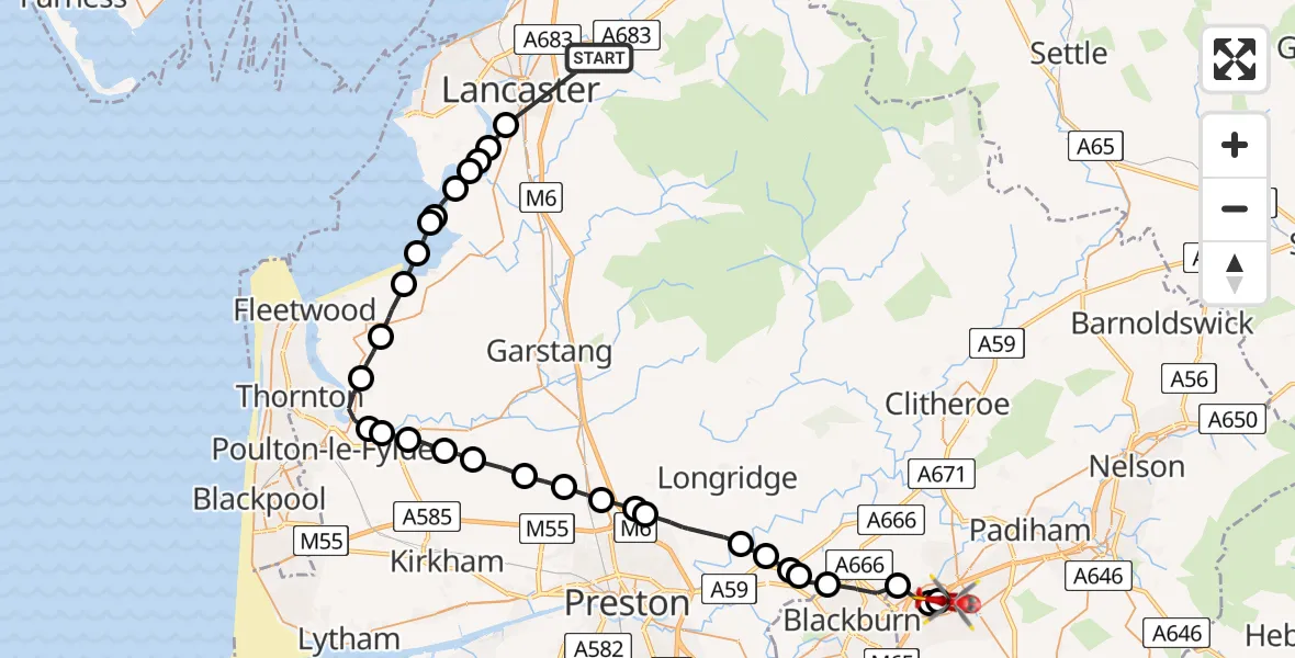 Flight path map showing Air Ambulance Helicopter route from Quernmore to Church