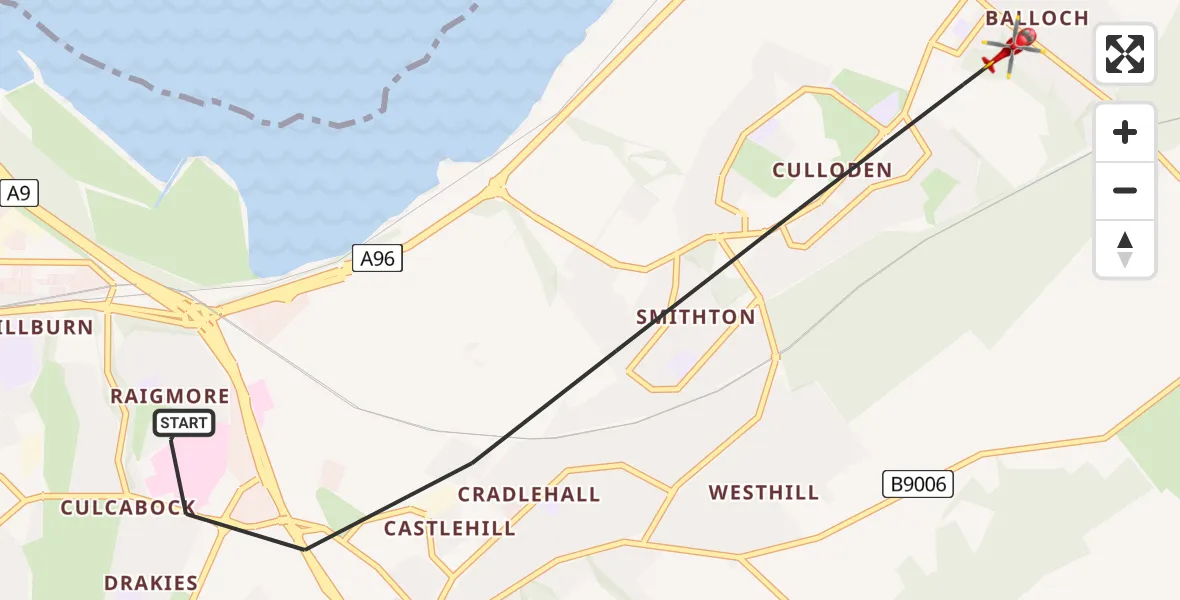 Flight path map showing Air Ambulance Helicopter route from Inverness to Inverness