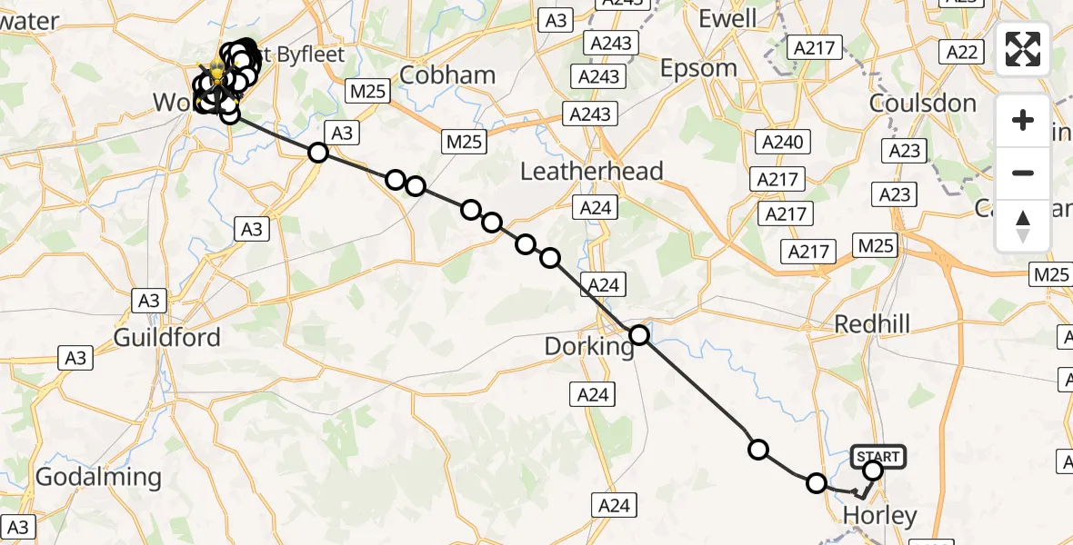 Flight path map showing Police Helicopter route from Salfords to Horsell