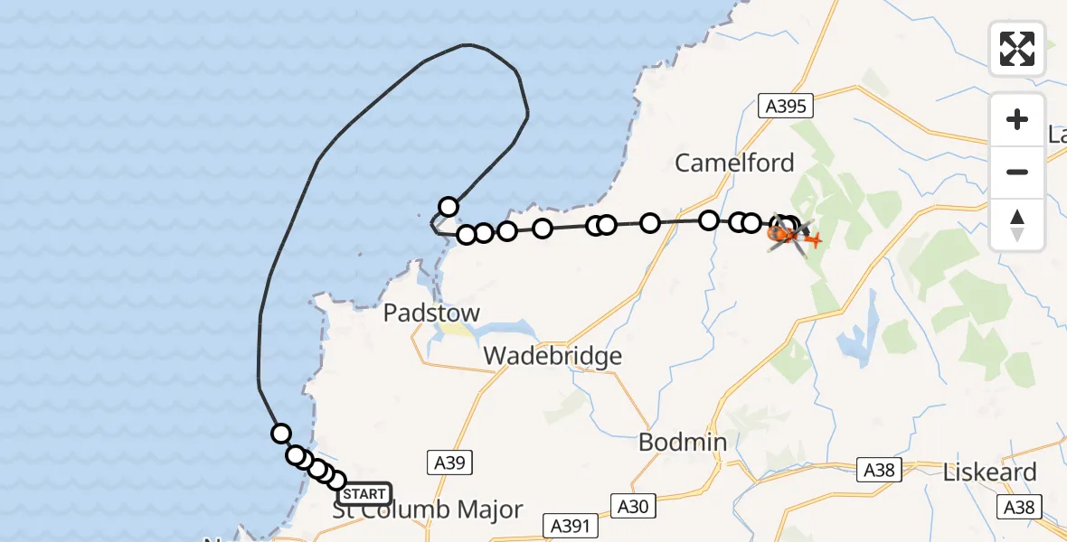 Flight path map showing Coastguard Helicopter route from Cornwall Airport Newquay to St. Breward