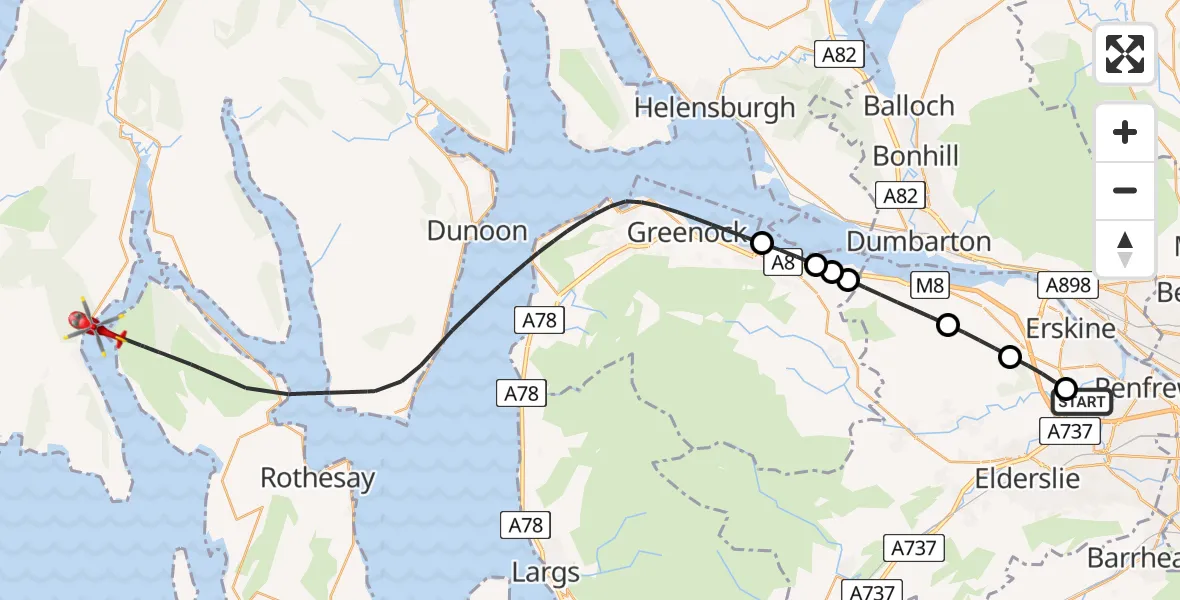 Flight path map showing Air Ambulance Helicopter route from Glasgow Airport to Tighnabruaich