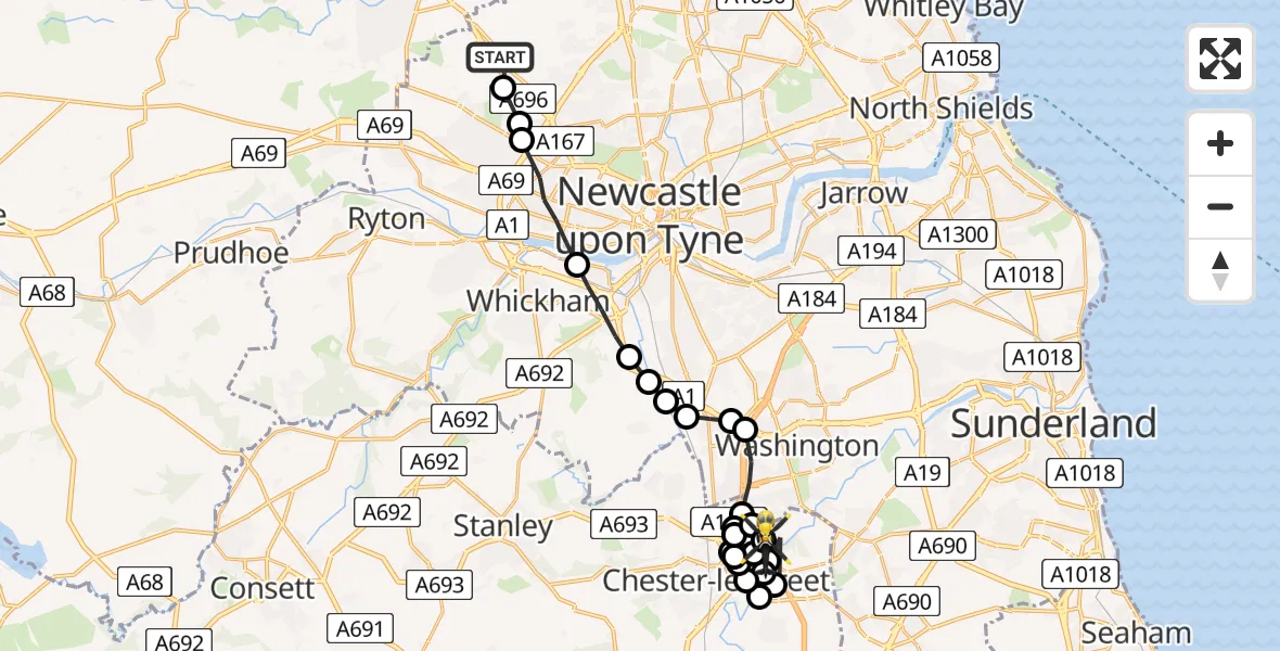Flight path map showing Police Helicopter route from Newcastle upon Tyne to Durham