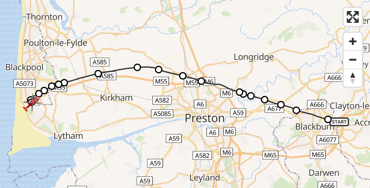 Routekaart van de vlucht: Air Ambulance Helicopter to Blackpool Airport