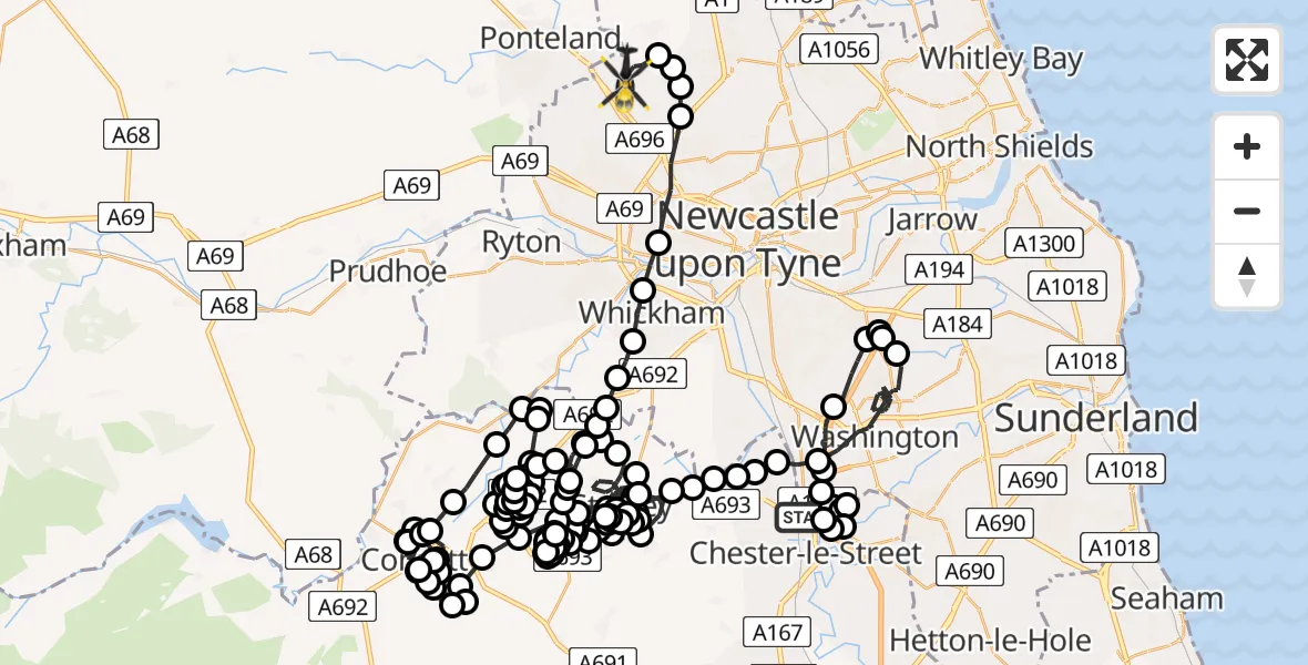 Flight path map showing Police Helicopter route from South Pelaw to Newcastle International Airport