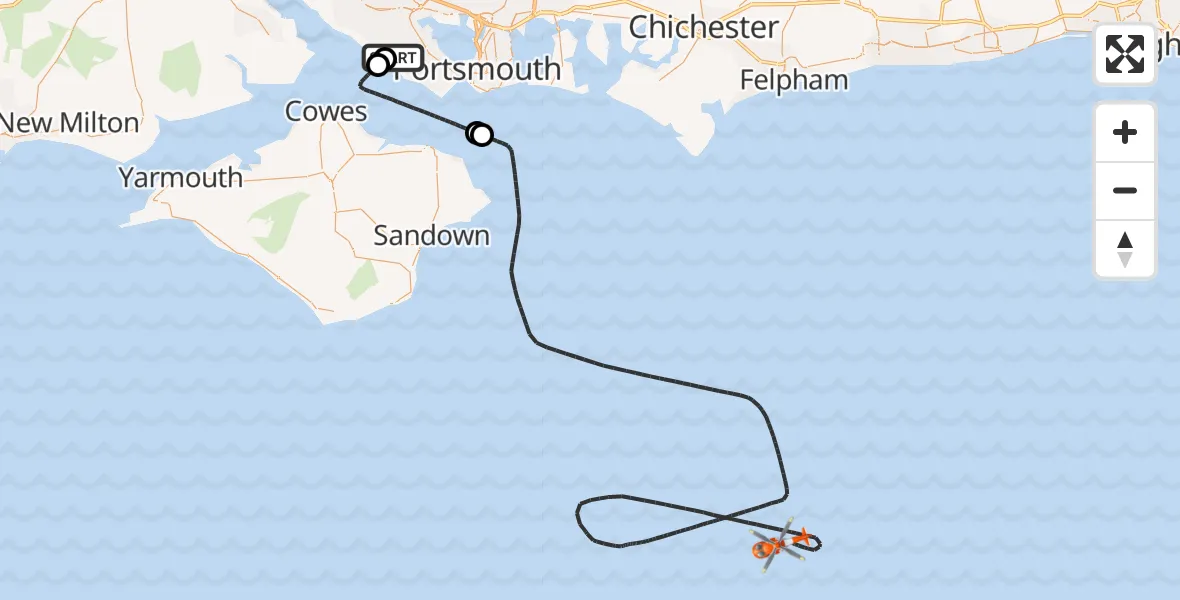 Flight path map showing Coastguard Helicopter route from Solent Airport to English Channel