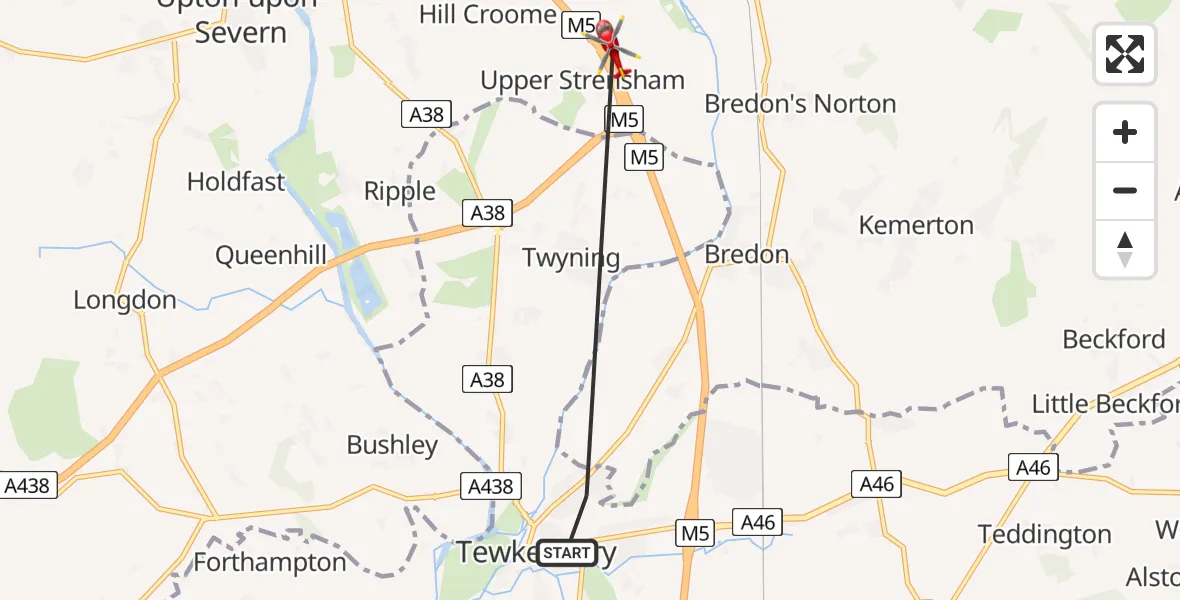 Flight path map showing Air Ambulance Helicopter route from Tewkesbury to Upper Strensham