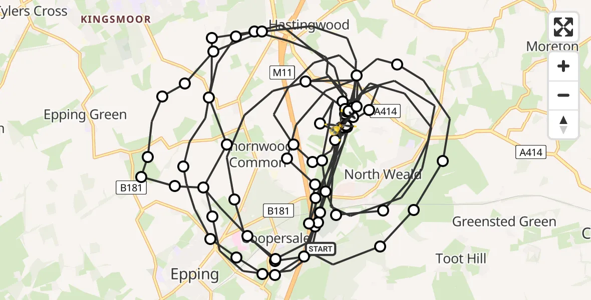 Flight path map showing Police Helicopter route from Coopersale to North Weald Airfield