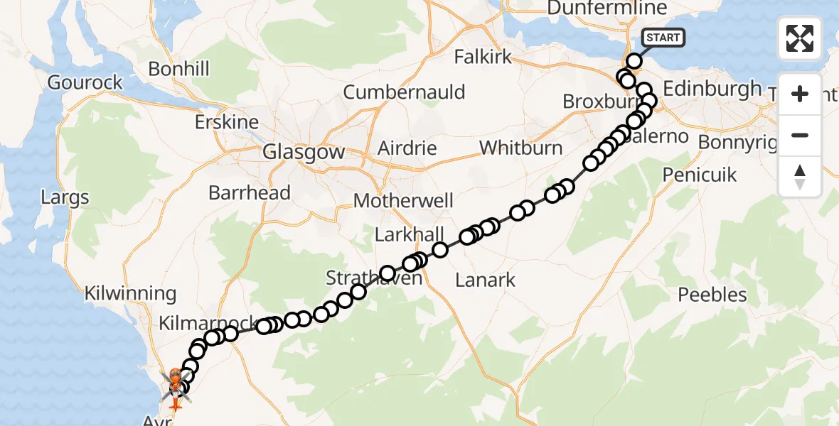 Flight path map showing Coastguard Helicopter route from North Sea to Glasgow Prestwick Airport