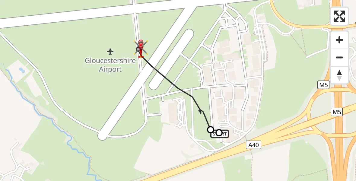 Flight path map showing Air Ambulance Helicopter route from Gloucestershire Airport to Gloucestershire Airport