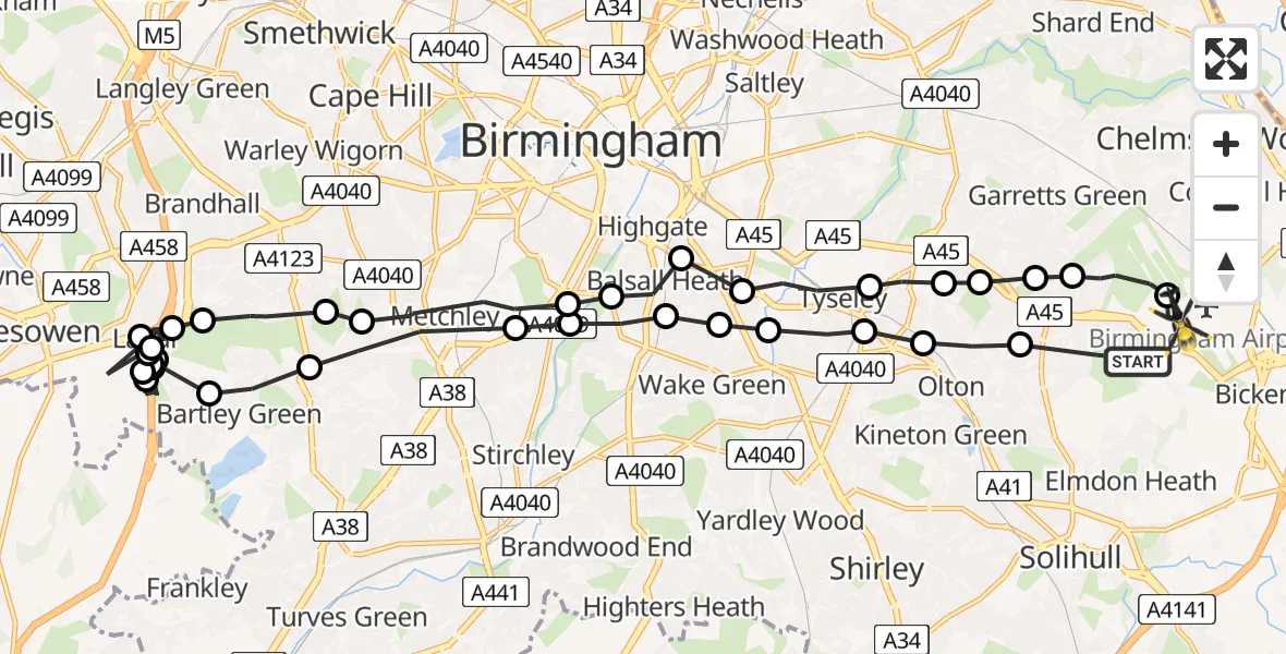 Flight path map showing Police Helicopter route from Solihull to Birmingham Airport