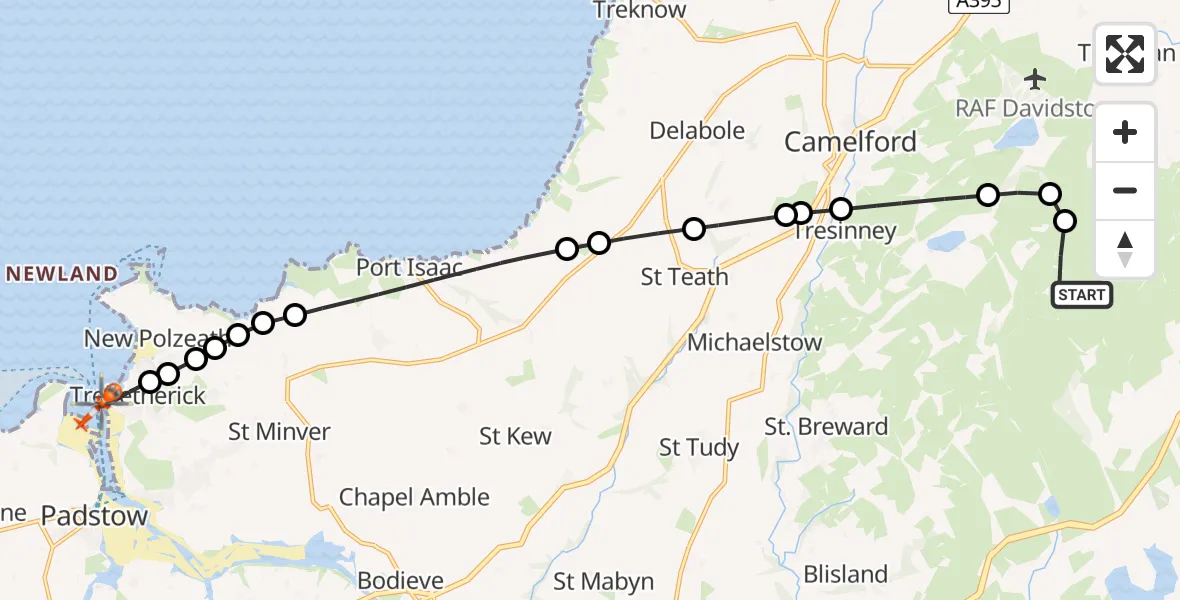 Flight path map showing Coastguard Helicopter route from St. Breward to Trebetherick