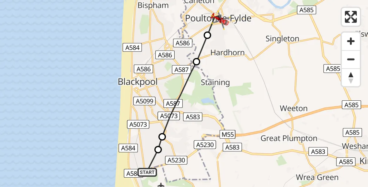 Flight path map showing Air Ambulance Helicopter route from Blackpool Airport to Poulton-le-Fylde