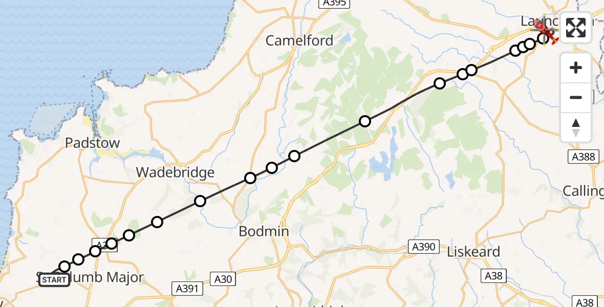 Flight path map showing Air Ambulance Helicopter route from Cornwall Airport Newquay to Launceston