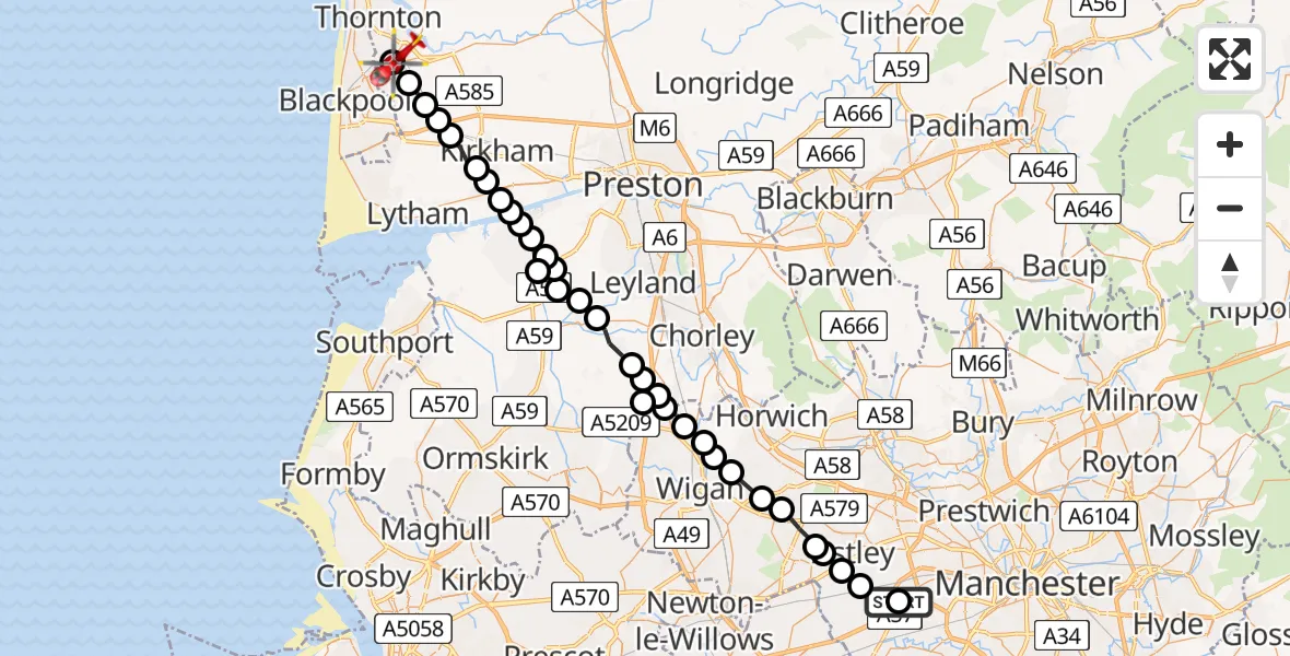 Flight path map showing Air Ambulance Helicopter route from Manchester Barton Aerodrome to Poulton-le-Fylde