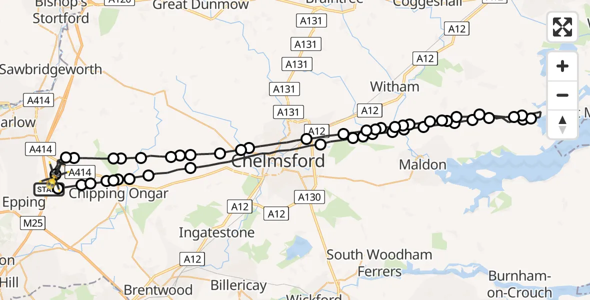 Flight path map showing Police Helicopter route from North Weald Airfield to North Weald Airfield
