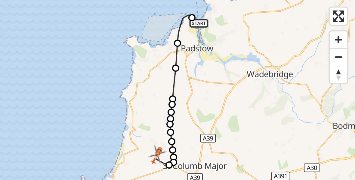 Flight path map showing Coastguard Helicopter route from Trebetherick to Cornwall Airport Newquay