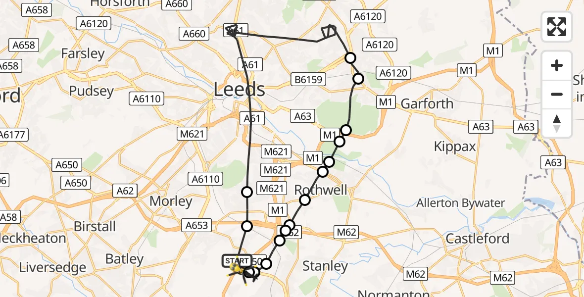 Routekaart van de vlucht: Police Helicopter to East Ardsley, Stoney Lane