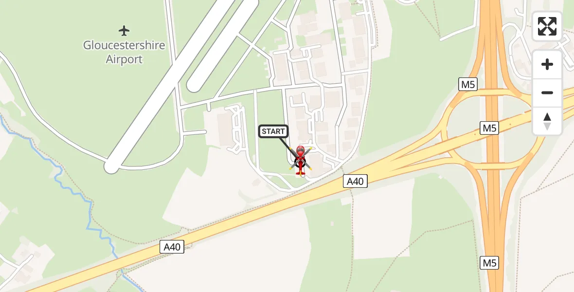Flight path map showing Air Ambulance Helicopter route from Gloucestershire Airport to Churchdown