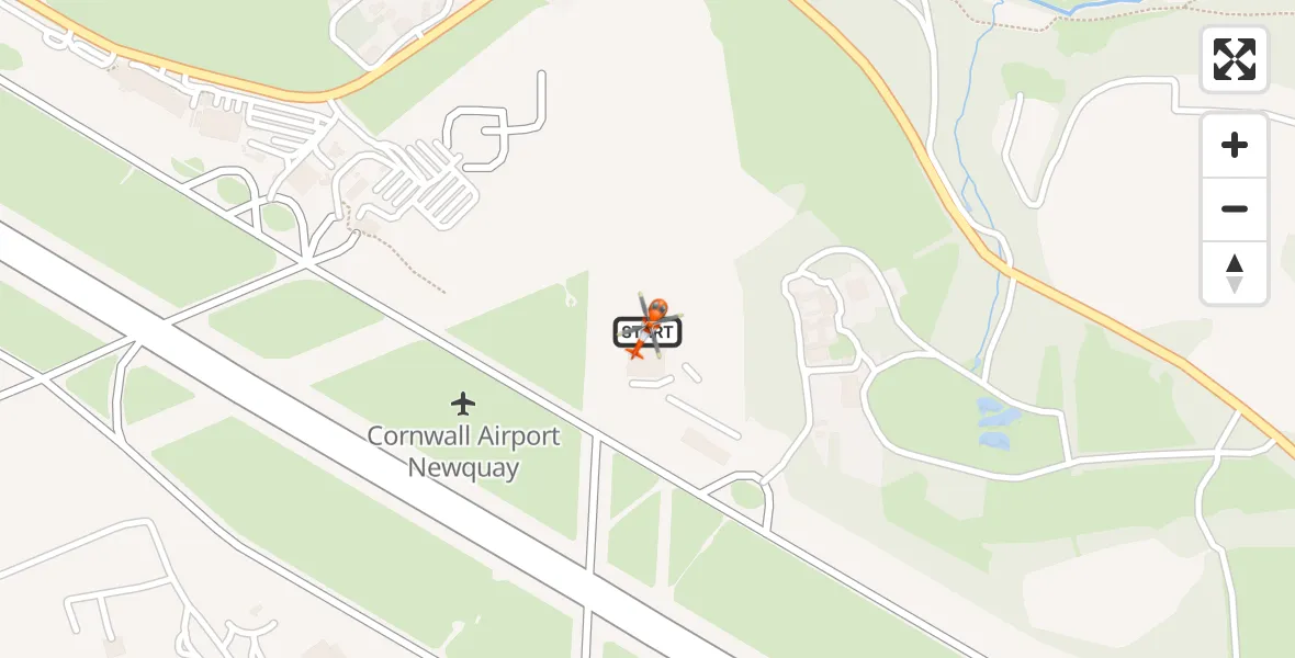 Flight path map showing Coastguard Helicopter route from Cornwall Airport Newquay to Cornwall Airport Newquay