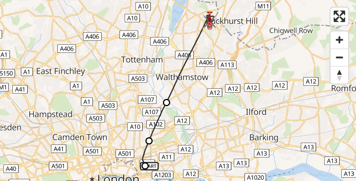 Flight path map showing Air Ambulance Helicopter route from Royal London Hospital to London Borough of Waltham Forest