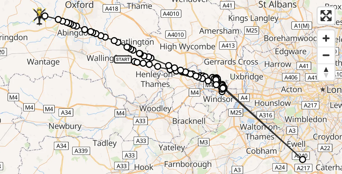 Flight path map showing Police Helicopter route from Nuffield to Standlake