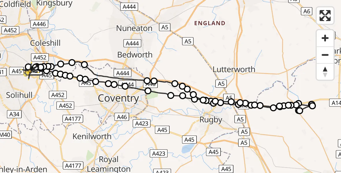 Flight route Police Helicopter Birmingham Airport - Birmingham Airport, 09 March 2026, 16:17