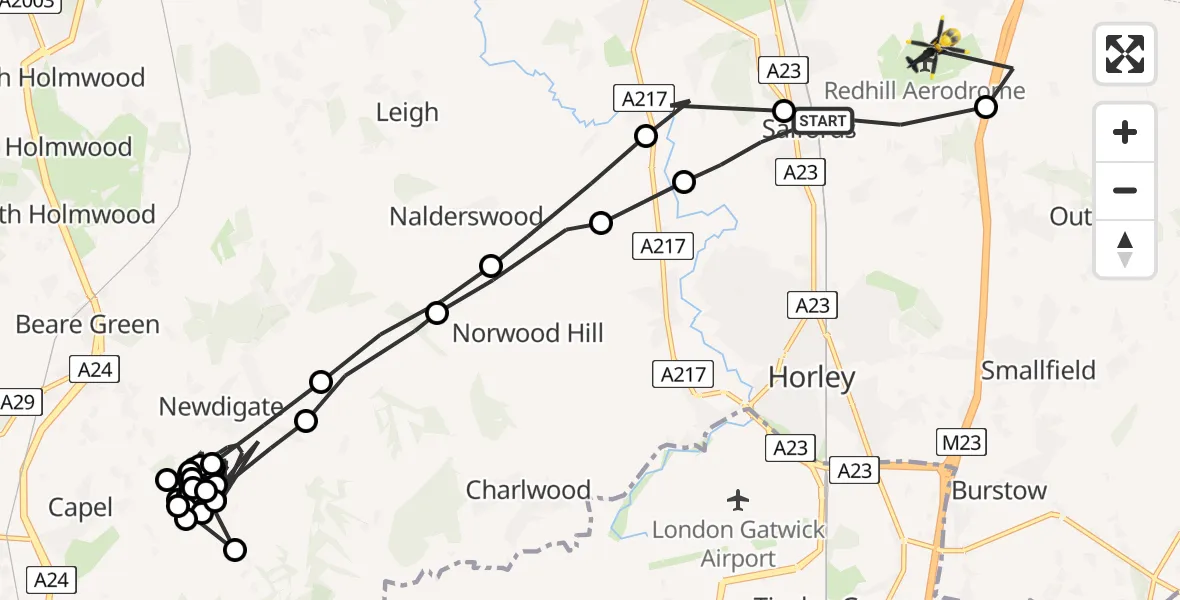 Flight path map showing Police Helicopter route from Salfords to Salfords