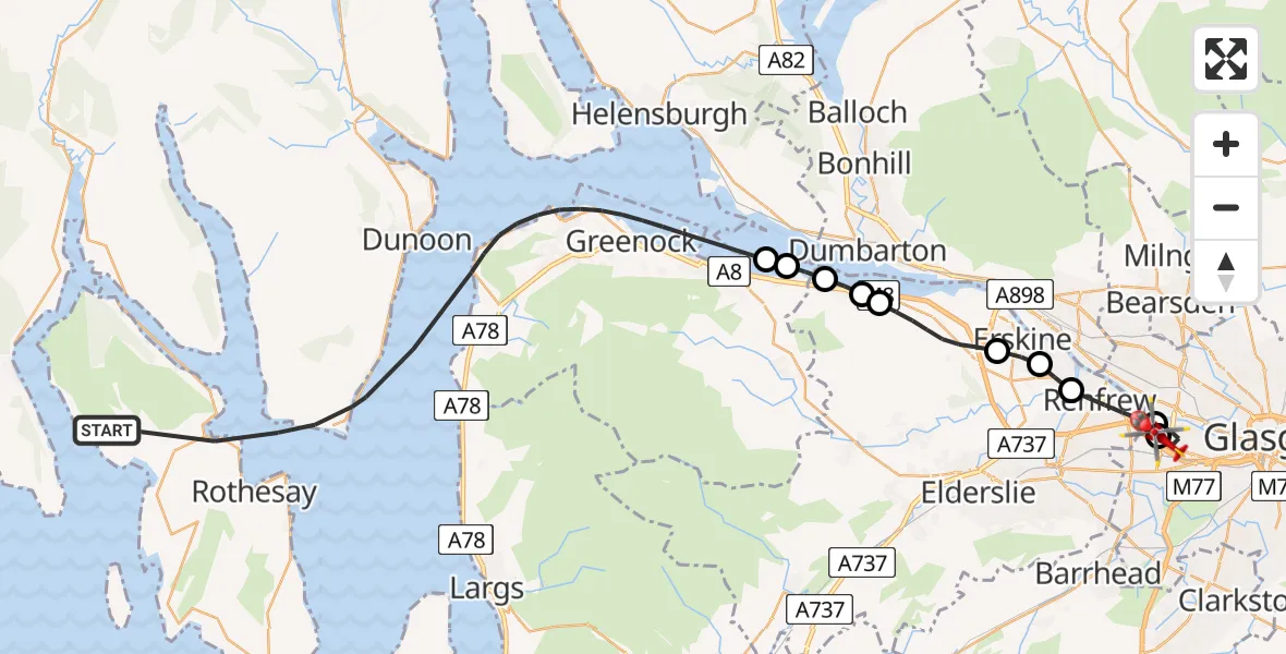 Flight path map showing Air Ambulance Helicopter route from Inner Seas to Queen Elizabeth Hospital