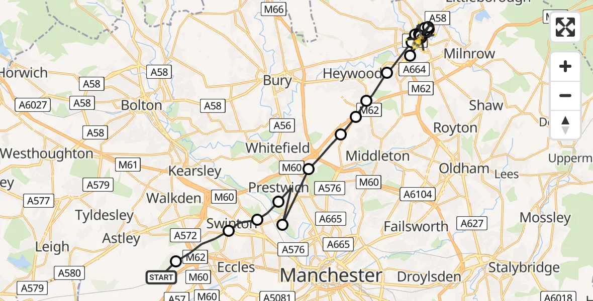 Flight path map showing Police Helicopter route from Irlam to Rochdale