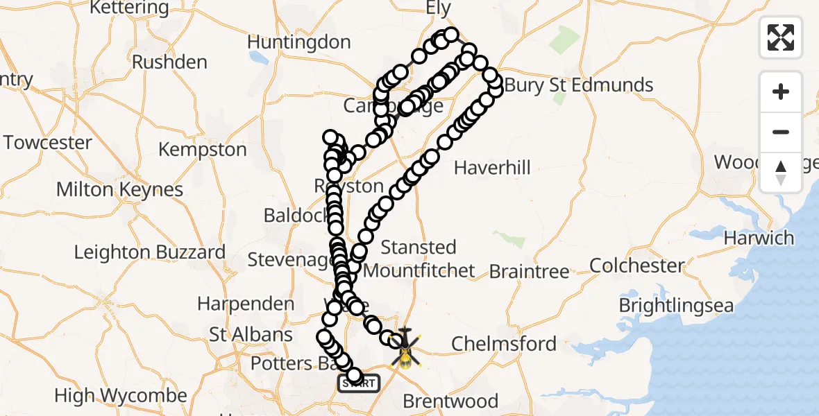 Flight path map showing Police Helicopter route from Sewardstonebury to North Weald Airfield