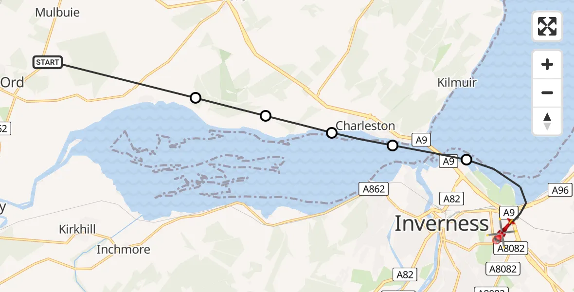 Flight path map showing Air Ambulance Helicopter route from Mulbuie to Inverness