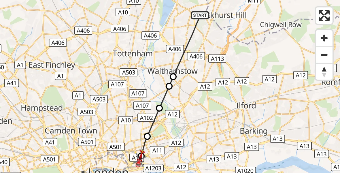 Flight path map showing Air Ambulance Helicopter route from London Borough of Waltham Forest to Royal London Hospital