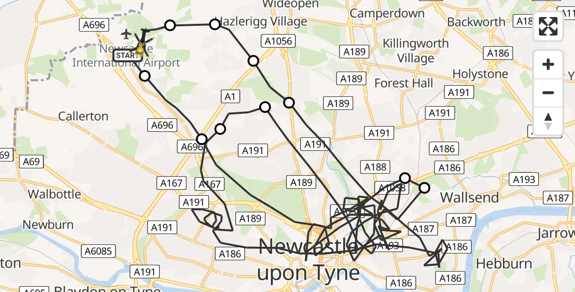 Flight path map showing Police Helicopter route from Newcastle International Airport to Newcastle International Airport
