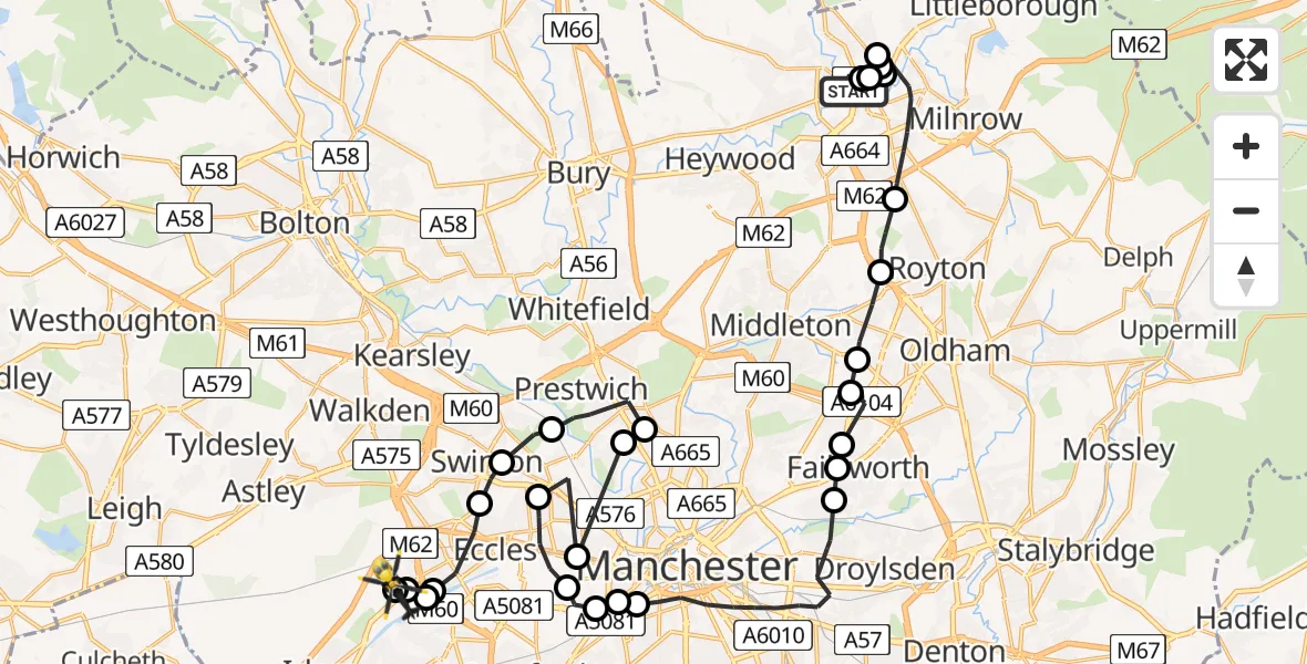 Flight path map showing Police Helicopter route from Rochdale to Manchester Barton Aerodrome