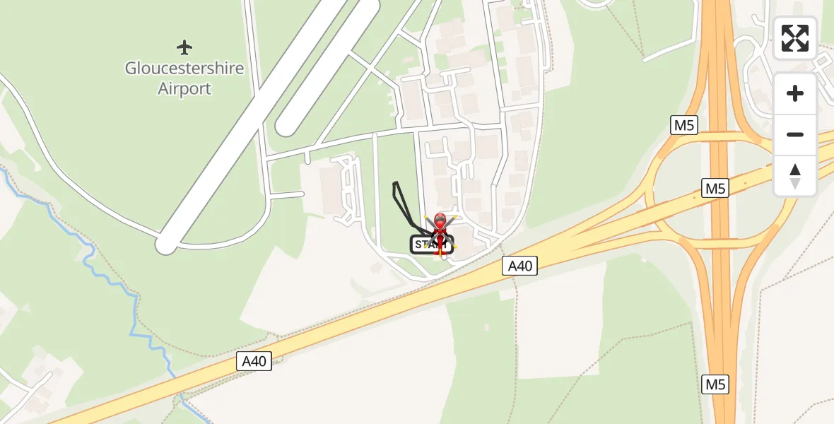 Flight path map showing Air Ambulance Helicopter route from Gloucestershire Airport to Churchdown