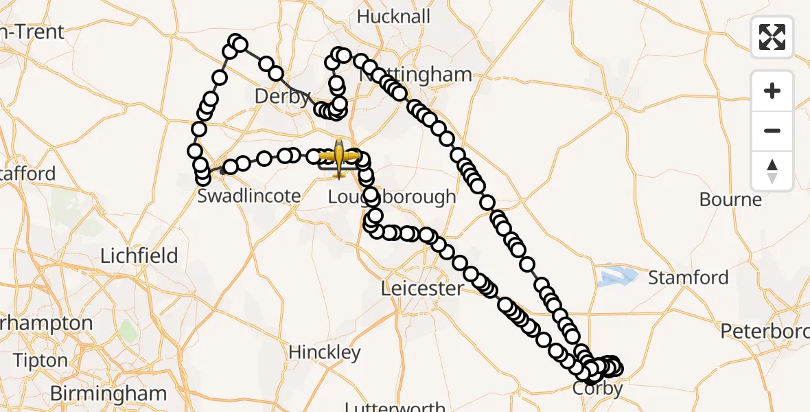 Flight path map showing Police Aircraft route from East Midlands Airport to East Midlands Airport