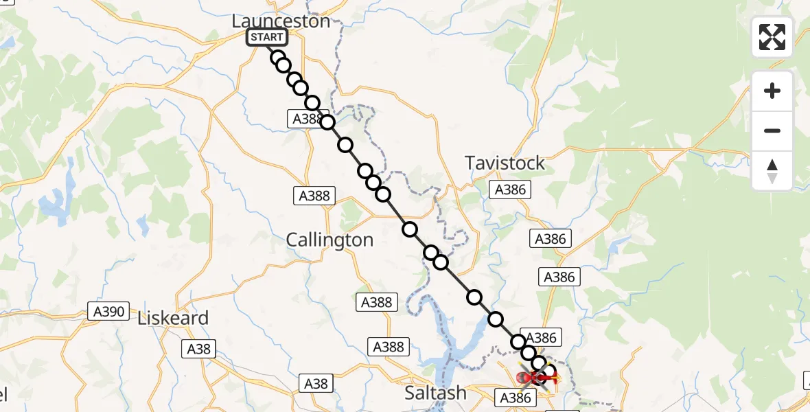 Flight path map showing Air Ambulance Helicopter route from Launceston to Derriford Hospital
