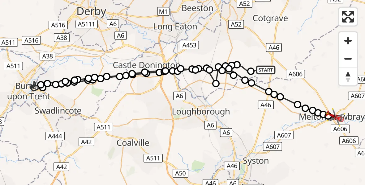 Flight path map showing Air Ambulance Helicopter route from Willoughby on the Wolds to Melton Mowbray